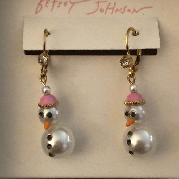 Betsey Johnson Gold Tone White Faux Pearl Snowman Drop Earrings Crystal NIB - Picture 5 of 12